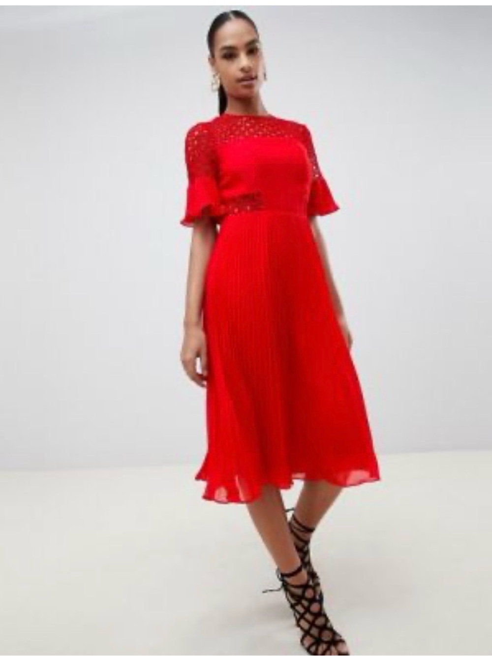 ASOS Red Midi Dress with Lace Yoke and Pleated Skirt